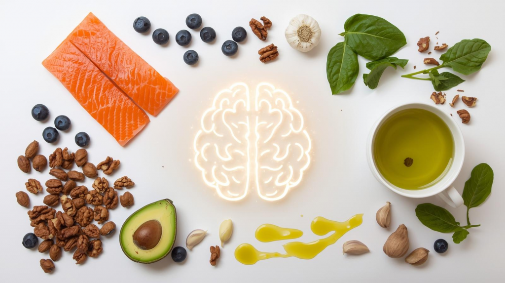 Brain-boosting foods like salmon, blueberries, walnuts, spinach, and olive oil arranged around an illustration of a healthy brain.