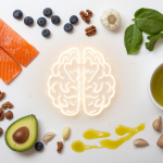 Brain-boosting foods like salmon, blueberries, walnuts, spinach, and olive oil arranged around an illustration of a healthy brain.