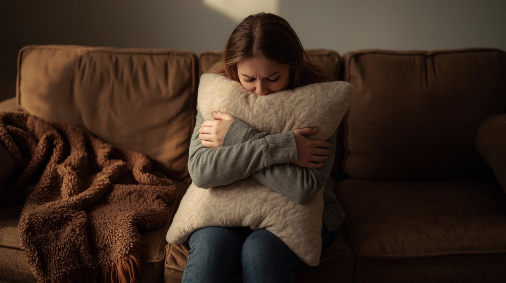 Woman hugging a pillow on a sofa, showing emotional distress during menopause.
