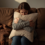 Woman hugging a pillow on a sofa, showing emotional distress during menopause.
