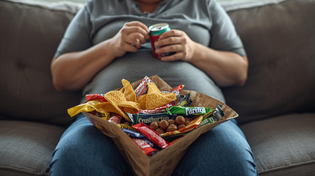 Overweight person sitting on a sofa holding junk food snacks including chips, soda, and candy, symbolizing the dangers of ultra-processed food.
