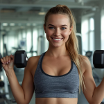Fit young woman lifting dumbbells in a modern gym with natural lighting, showing beginner strength training and fitness motivation