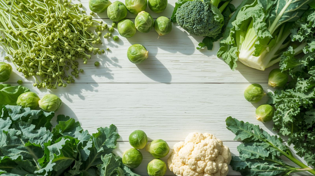 Fresh broccoli sprouts, kale, Brussels sprouts, and cauliflower on a light wooden table, showcasing natural food sources of sulforaphane, a powerful superfood compound.