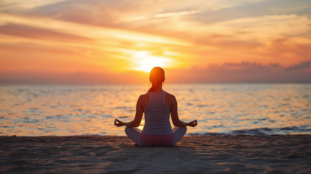 Woman practicing meditation on the beach at sunset, sitting cross-legged in peace and mindfulness.