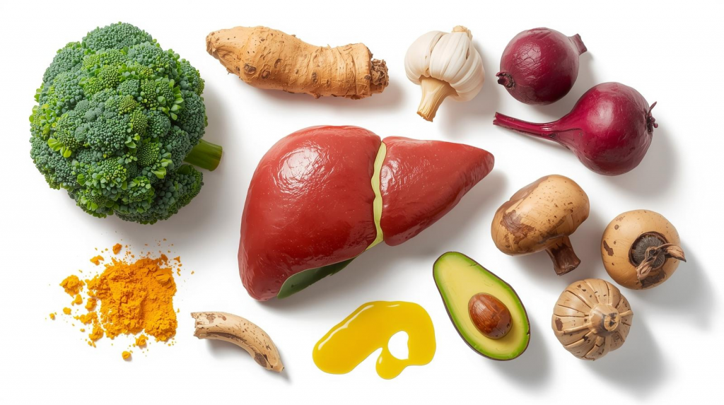 Foods that support liver health including cruciferous vegetables, garlic, turmeric, beets, avocado, olive oil, and mushrooms