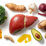 Foods that support liver health including cruciferous vegetables, garlic, turmeric, beets, avocado, olive oil, and mushrooms