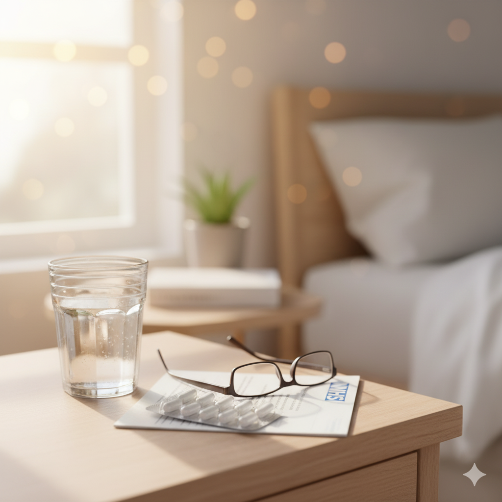 A bedside table with a glass of water, reading glasses, and a blister pack of omeprazole tablets on top of an NHS leaflet, with a blurred bed in the background.
