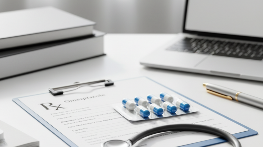 Blister pack of omeprazole tablets on a GP desk with a stethoscope and prescription pad, photographed in bright natural light.