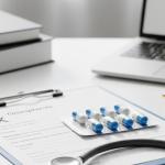 Blister pack of omeprazole tablets on a GP desk with a stethoscope and prescription pad, photographed in bright natural light.