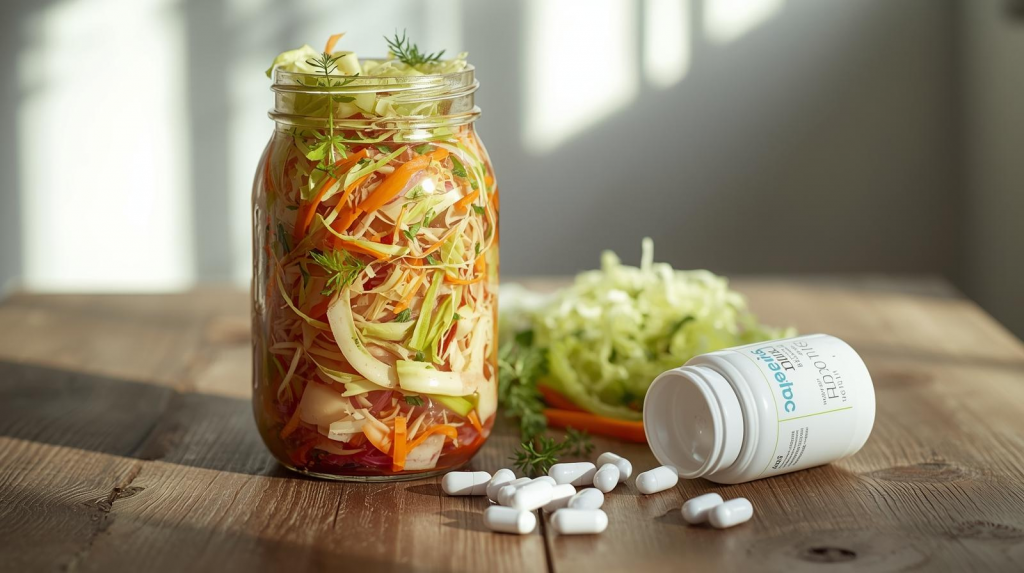 Jar of homemade sauerkraut with cabbage beside a bottle of probiotic pills on a wooden table