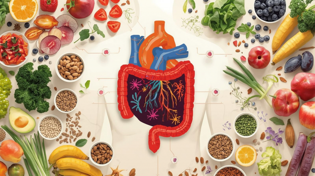Illustration showing the human gut and heart connected, with colorful good and bad gut bacteria and healthy foods like fruits, vegetables, nuts, seeds, and fermented foods