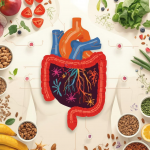 Illustration showing the human gut and heart connected, with colorful good and bad gut bacteria and healthy foods like fruits, vegetables, nuts, seeds, and fermented foods
