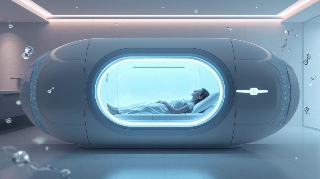 Patient resting inside a futuristic hyperbaric oxygen therapy chamber glowing with blue light in a modern wellness clinic