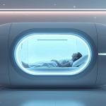 Patient resting inside a futuristic hyperbaric oxygen therapy chamber glowing with blue light in a modern wellness clinic