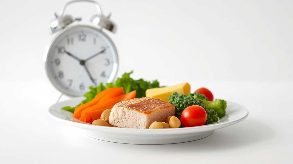 One healthy meal on a plate with a clock in the background, symbolizing the OMAD diet and intermittent fasting