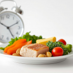 One healthy meal on a plate with a clock in the background, symbolizing the OMAD diet and intermittent fasting