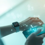 Person using smartwatch and phone with AI health coach apps, showing fitness, therapy, and wellness icons.