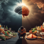 Split-scene illustration showing how gut health and food affect depression: on one side junk food, dark clouds, and a sad brain; on the other side colorful whole foods, a glowing brain, and a hopeful person.