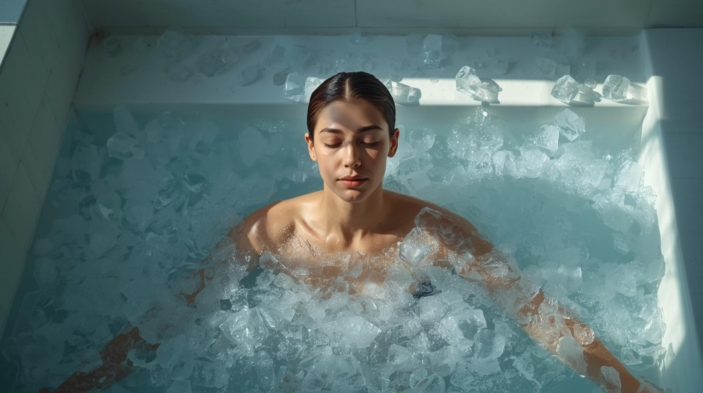 Person sitting calmly in an ice bath outdoors, surrounded by ice cubes in a bright, modern wellness setting, symbolizing health and recovery