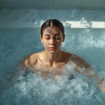 Person sitting calmly in an ice bath outdoors, surrounded by ice cubes in a bright, modern wellness setting, symbolizing health and recovery