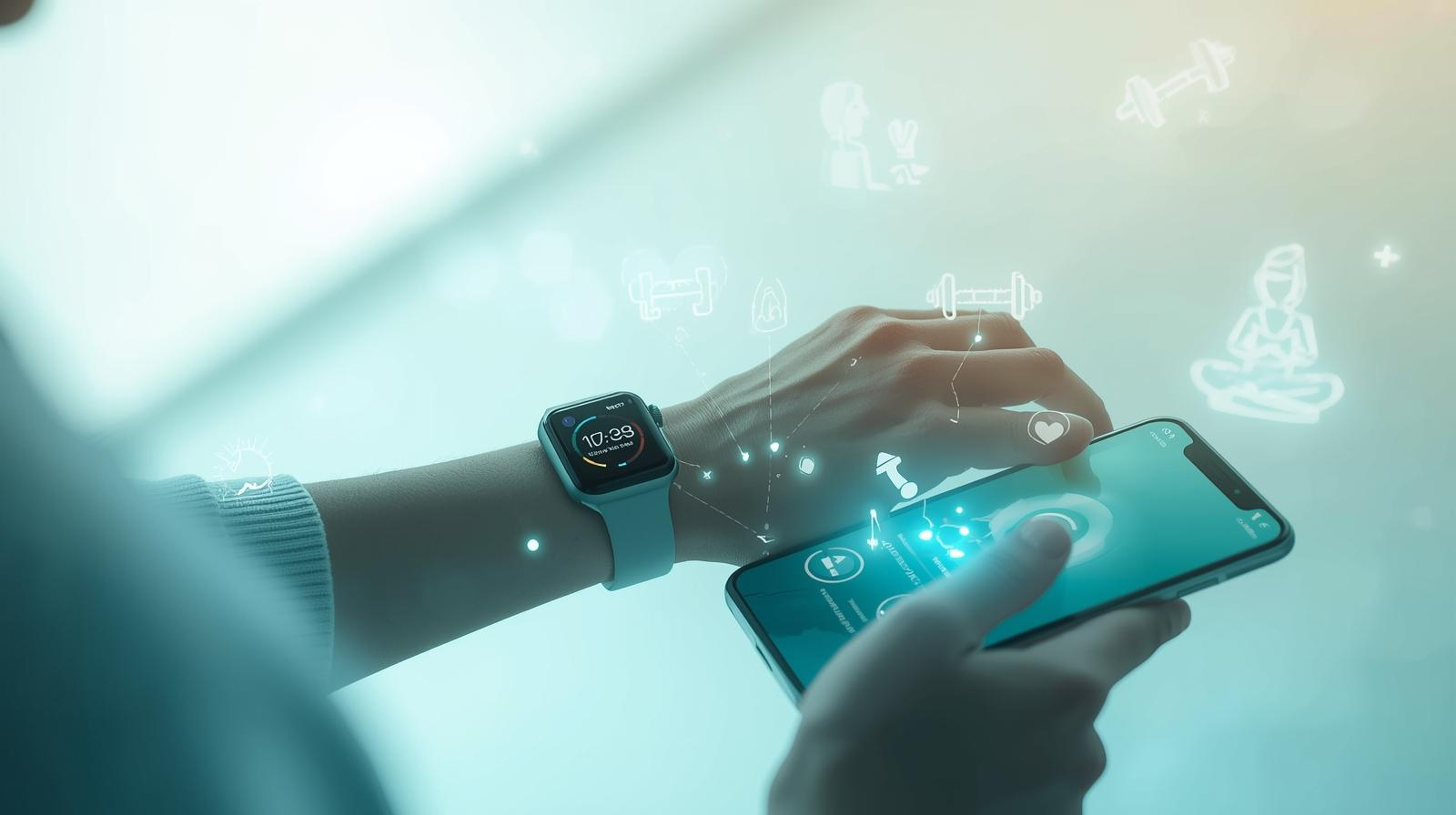 Person using smartwatch and phone with AI health coach apps, showing fitness, therapy, and wellness icons.