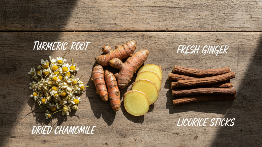 Flat lay of turmeric root, ginger slices, chamomile flowers, and licorice sticks, shown as natural remedies for reflux.