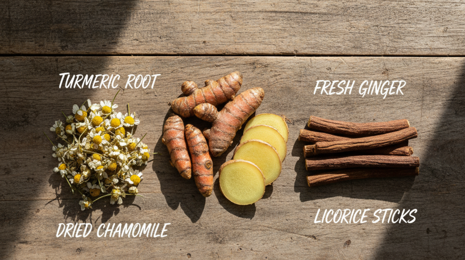Flat lay of turmeric root, ginger slices, chamomile flowers, and licorice sticks, shown as natural remedies for reflux.